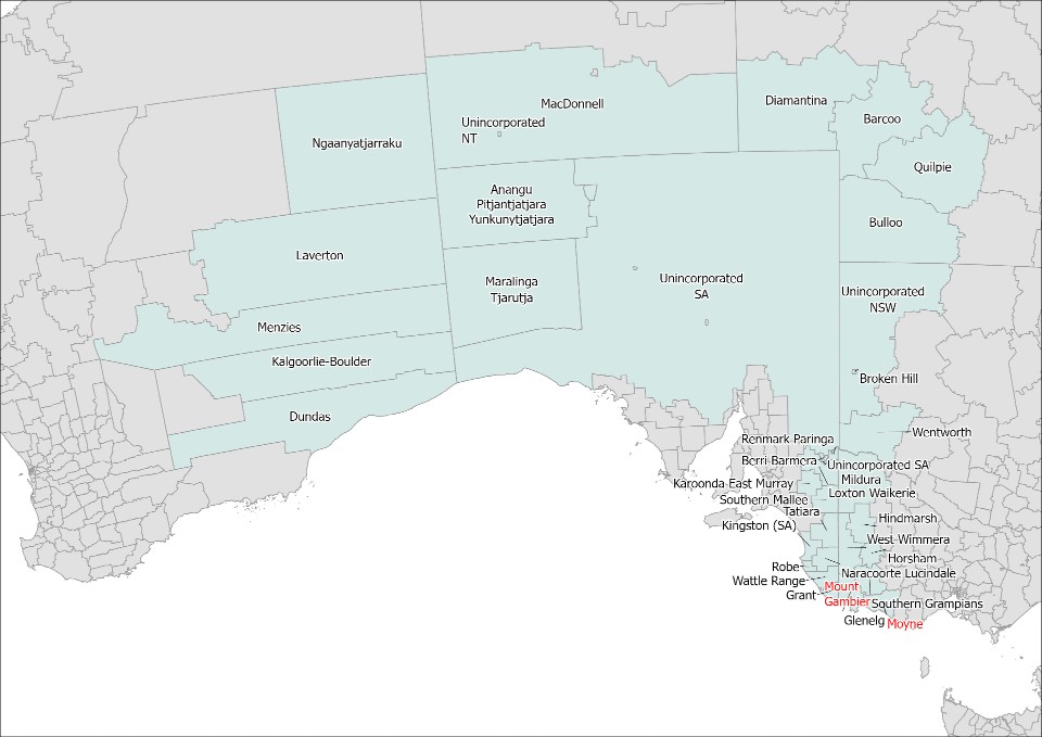 A map showing all of South Australia's cross border communities.